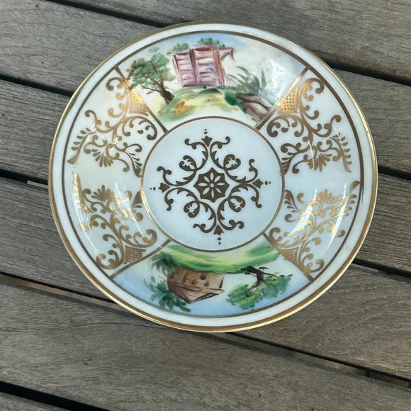 Vintage Hand Painted Porcelain Landscape Cup and Saucer Gold Trim - Picture 7 of 10